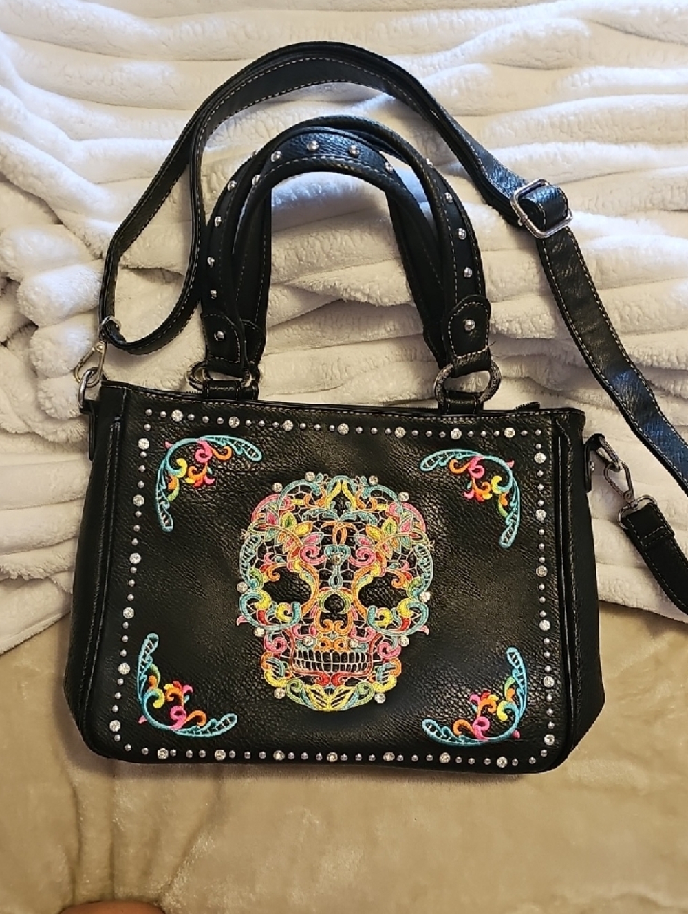 Black Leather Embroidered Sugar Skull Crossbody Concealed Carry Bag